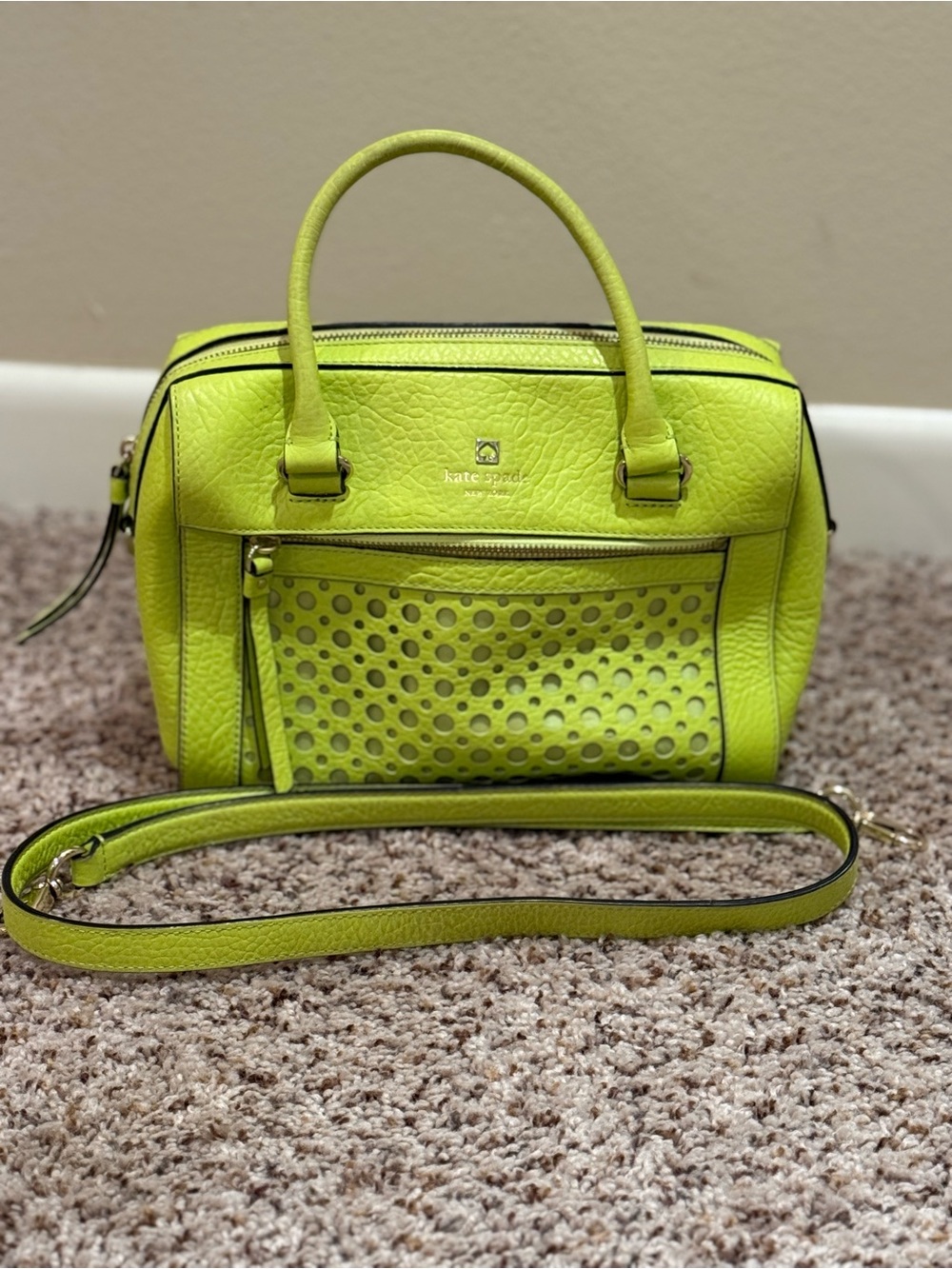 kate spade Neon Lime Perforated Leather Satchel with Detachable Strap